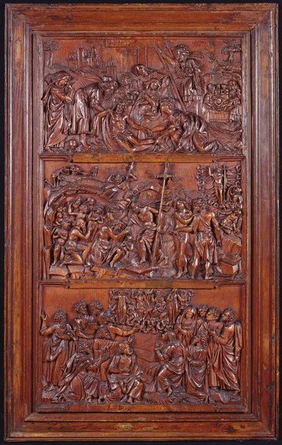 The Credo, Panel II: Descent from the Cross, Entombment, Resurrection and Descent into Limbo and Ascension, 1587 (træ) (se også 414036, 4140389) af French School