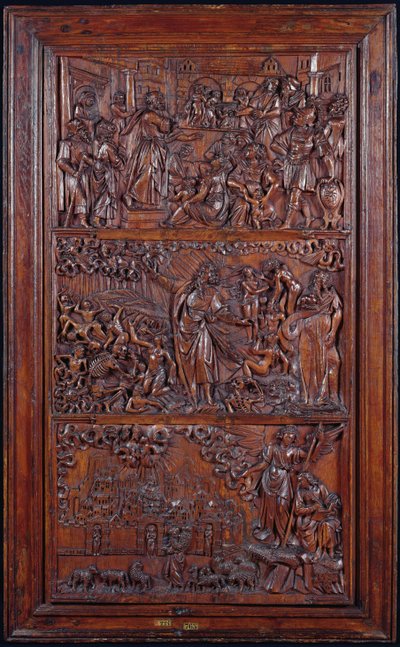 The Credo, Panel IV: The Remission of Sins, Ezekiels Vision of the Dry Bones og St. Johns Vision of Jerusalem, 1587 (træ) (se også 414036-8) af French School