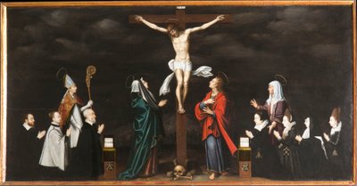Korsfæstelsen, portrætter af donorer. Triptykon af Aubery af French School