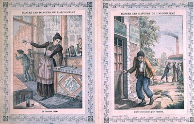 Farerne ved alkoholisme, omslag til en skolebog. ca. 1900 (farve litho) af French School