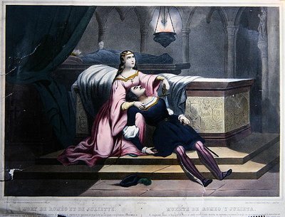 Romeo og Julies død, ca. 1830 (farve litho) af French School
