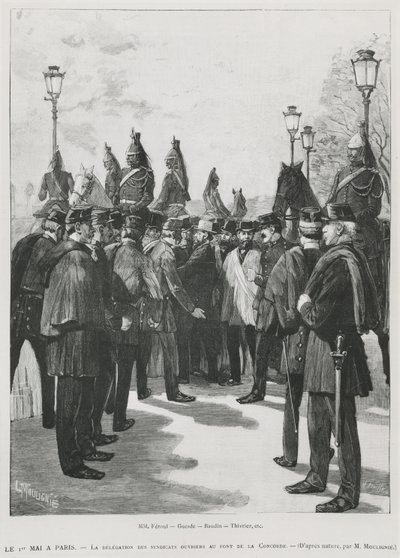 Fagforeningernes delegation i Pont de la Concorde under demonstrationen den 1. maj i Paris, 1. maj 1890, indgraveret af L. Moulignie, gengravering) af French School