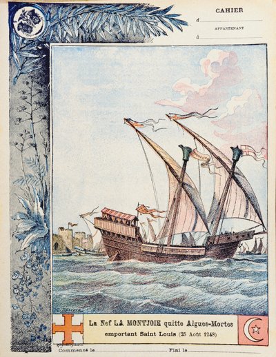 Saint Louis afgang i sit skib Montjoie fra Aigues-Mortes den 25. august 1248, omslagsillustration af en skoleøvelsesbog, ca. 1900 af French School