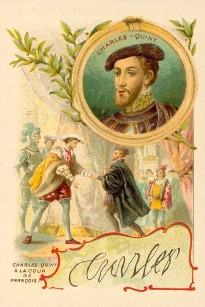 Kejser Karl V ved hoffet til Frans I af Frankrig (chromolitho) af French School