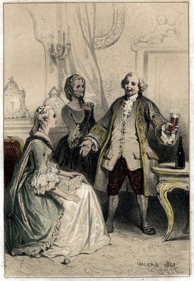 Den engelske komiker David Garrick (1717-1779), forklædt som træner, brød ind i en hertuginde, der var ivrig efter ham for at forsøge at ræsonnere hende og overbevise hende om det absurde i hendes kærlighed til ham. Plate taget fra "Scenes de la vie des ho af French School