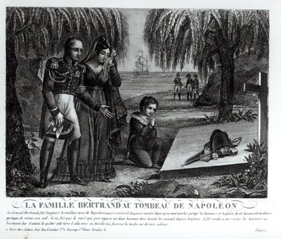 Familien til general Henri-Gratien Bertrand (1773-1844) ved Napoleon Bonapartes grav (1769-1821) 1821 (litho) (bw foto) af French School