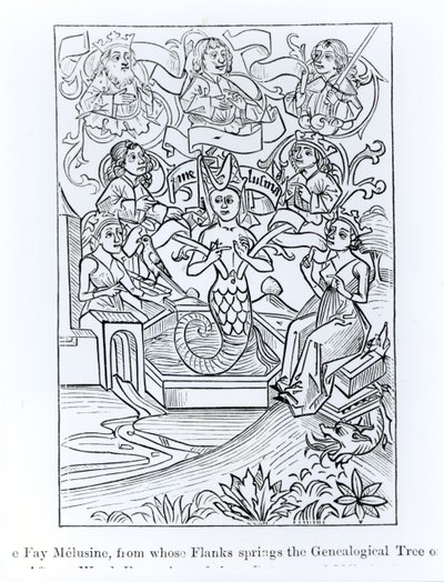 Fay Melusine, fra hvis flanker udspringer Kongernes og Kejsernes Genealogiske Træ, illustration fra Videnskab og Litteratur i middelalderen og renæssancen, skrevet og indgraveret af Paul Lace af French School
