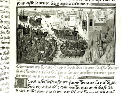 Det første angreb på dæk, fra Histoire du Grand Alexandre 1460 af French School