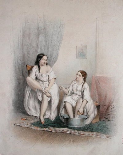 Fodbadet, midten af det nittende århundrede (farve litho) af French School