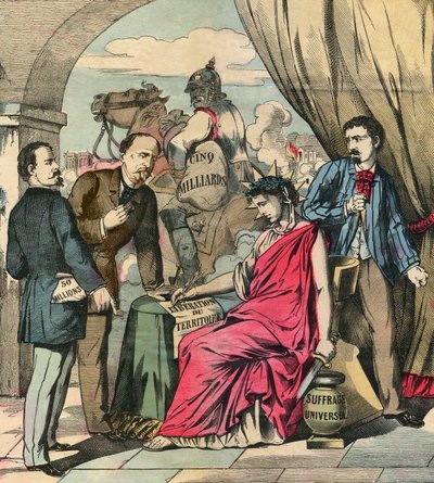 Frankfurt-traktaten, der blev underskrevet den 10. maj 1871, afsluttede den fransk-tyske krig efter forhandlinger mellem Adolphe Thiers og Otto von Bismarck: Frankrig måtte afstå Alsace og en del af Lorraine og betale 5 milliarder franc. Gravering, i "Le F af French School