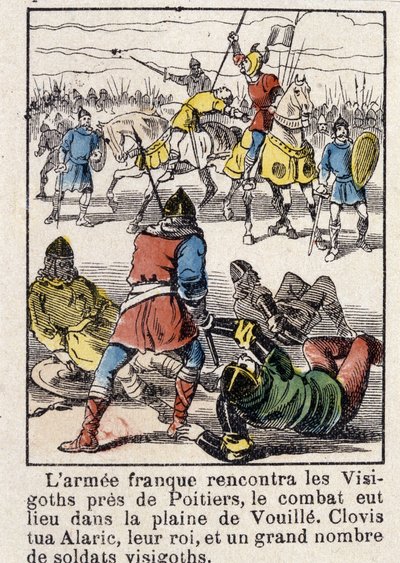 Den franske hær mødte vestgoterne nær Poitiers, kampen fandt sted på sletten Vouille. Clovis dræbte Alarik, deres konge, og et stort antal vestgotiske soldater i 507. af French School