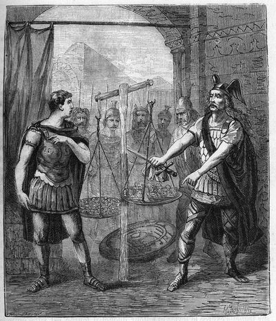 Den galliske hærleder Brennos (Brennus) besejrer romerne og proklamerer "" Vae Victis"" (Ve de besejrede), gallerne krævede løsesum efter deres erobring af Rom - Brennus leder af den galliske stamme af Senons udtaler den skæbnesvangre Vae offer af French School