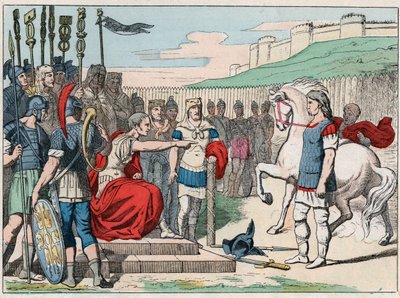 Den galliske kok Vercingetorix (80-46 f.Kr.) tager til Jules Cesar (100-44 f.Kr.) til Alesia i 52 f.Kr. - Vercingetorix (72-46 f.Kr.) gallisk leder, overgiver sig til Cæsar i Alesia (Frankrig) - Indgravering af slutningen af det 19. århundrede i "" Nos Gir af French School