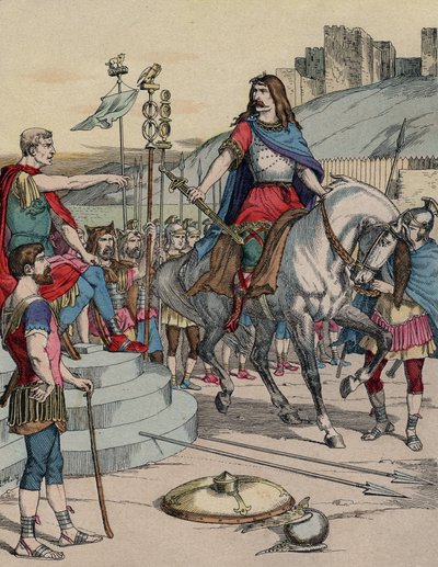 Den galliske høvding Vercingetorix (72-46 f.Kr.) overgav sig til den romerske høvding Julius Cæsar (100-44 f.Kr.) efter slaget ved Alesia i 52 f.Kr. - "" Den galliske leder Vercingetorix (72-46 f.Kr.) overgav sig til den romerske høvding Jules Cesar (100-4 af French School