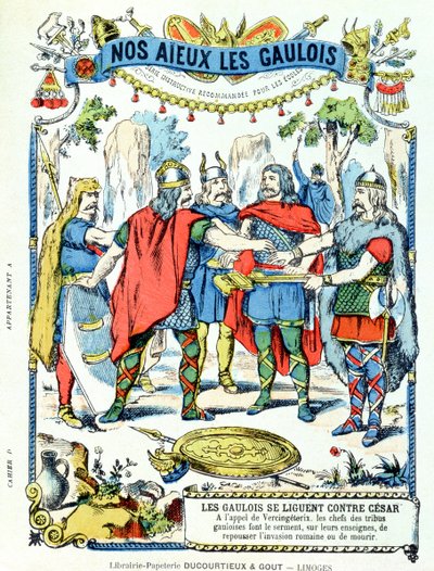 De galliske ledere i ligaen mod Julius Cæsar (100-44 f.Kr.) ledet af Vercingetorix (d.46 f.Kr.) fra et beskyttende hylster til skolebøger, slutningen af det 19. århundrede af French School