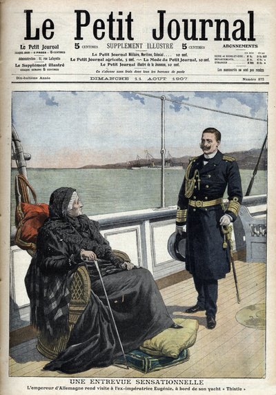 Den tyske kejser Vilhelm II (1859-1941) besøgte det tidligere kejserlige Eugenia (1826-1920) ombord på sin yacht "Thistle", "Le petit journal" den 11. august 1907 (gravering) af French School