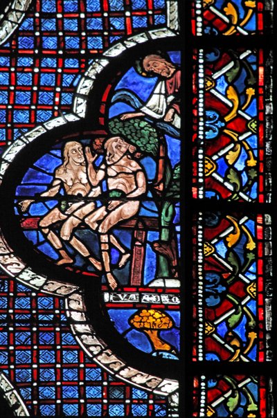 Det barmhjertige samaritanske vindue: Gud kalder Adam og Eva (med figenblade) (w44) af French School