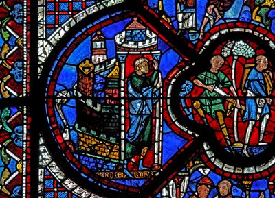 Det barmhjertige samaritanske vindue: en mand forlader Jerusalem (w44) af French School