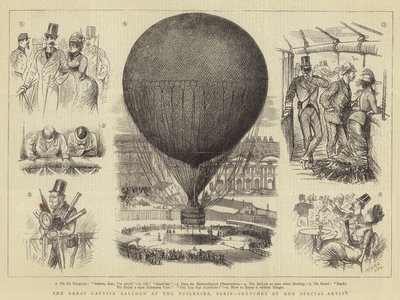 Den store fangeballon ved Tuilerierne, Paris (gravering) af French School