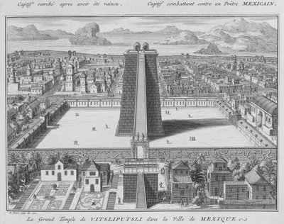 Det store tempel i Vitsliputsli i Mexico City, illustration fra religiøse ceremonier og skikke, indgraveret af Bernard Picart (1673-1733) 1722 af French School