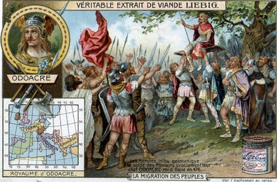 Herulerne, en tysk stamme i de romerske soldaters løn, udråbte deres øverste Odoacre til konge af Italien i 476 (slutningen af Romerriget) - Liébig reklameklistermærke af French School