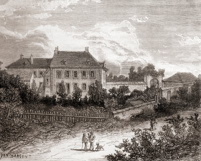 Huset i Gras, nær Chalon-sur-Saône, Frankrig, hvor den franske opfinder Nicéphore Niépce udviklede heliografi, fra Les Merveilles de la Science, udgivet ca. 1870 (stik) af French School