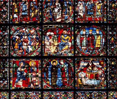Inkarnationsvinduet, detalje af den nederste del, der viser bebudelsen, visitationen, fødselen, bebudelsen til hyrderne og magierne før Herodes af French School