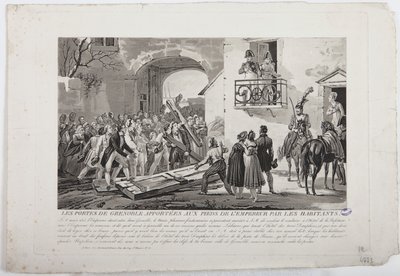 Indbyggerne, der afsætter Grenobles porte ved kejserens fødder, 6. marts 1815, udgivet af Martinet, 1815 af French School