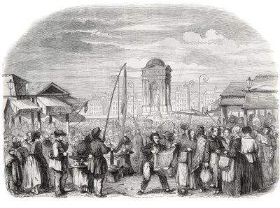 De uskyldige marcherer i Paris med springvandet - Indgravering i "Tableau-de-Paris" af Edmond Texier 1852 af French School