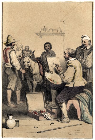Den italienske maler Antonio Allegri (kendt som Correggio eller Le Correge 1489-1534), støtter, skaber tegnet på en kro, for at betale for hans måltid Tallerken taget fra "" Scener af berømte mænds liv""" gravering i to farver af Valerio. 1843. af French School