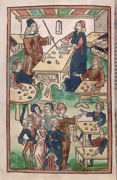 The Jewellers Shop, 1491 (farvet træsnit) af French School