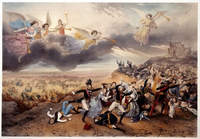 Guds dom Apokalypsens engle lyder med trompeter og annoncerer den sidste dom, før monarkerne og andre hovedpersoner i fransk historie, Napoleon I og repræsentanter for det gamle regime brænder i Helvedes flammer. Illustration lavet af French School