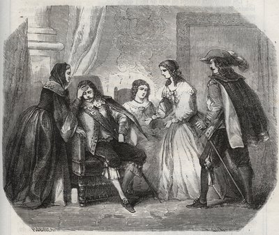 Kongen af Frankrig Ludvig XIII (1601-1643) bliver fanget med migræne, da han taler med dronning Anne af Østrig (1601-1666). Indgravering fra 1871 i "Histoire Des Cocus Celebres"" af Henry de Kock (1819-1892). af French School
