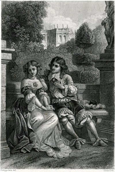 Frankrigs konge Louis XIV i galant selskab med Mademoiselle de la Vallière af French School