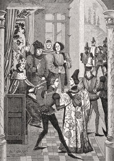 Kongens hof eller det store råd, efter en miniature i Froissarts krønike, fra "Le Moyen Age et la Renaissance" af Paul Lacroix (1806-84), udgivet 1847 af French School