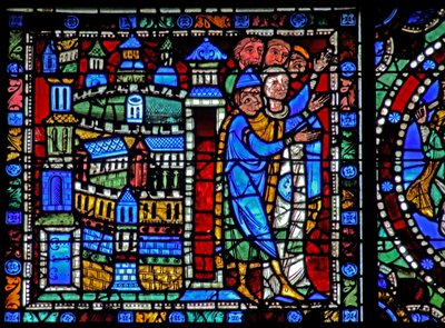 The Life of Christ window: Flight into Egypt - Jerusalems indbyggere byder tilbagekomsten velkommen (w50) af French School