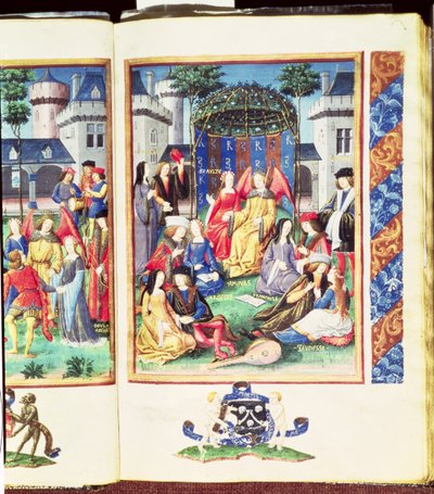 Den magiske have, med allegoriske figurer af rigdom, høflighed, frisind, skønhed, kærlighed, ærlighed og ungdom, fra Roman de la Rose (gouache på pergament) af French School