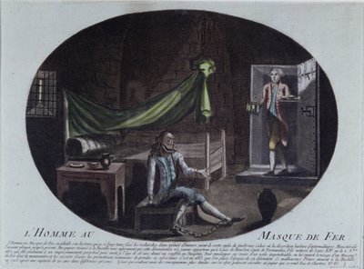 Der Mann mit der eisernen Maske (gest. 1703) im Gefängnis der Bastille, Druck von 1789-90, der ihn als Louis de Bourbon, Comte de Vermandois, Sohn von Ludwig XIV. (1638-1715) und Louise de la Valliere (16) identifiziert von French School