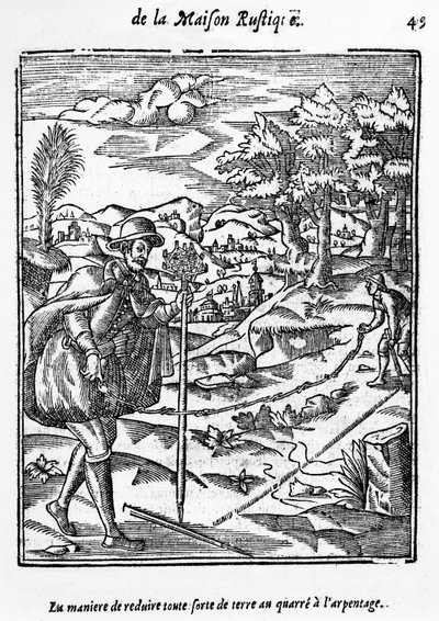 The Way in which to reduce in any form of ground to the Surveying Square, illustration fra LAgriculture et Maison Rustique af Charles Estienne, udgave udgivet 1641 af French School