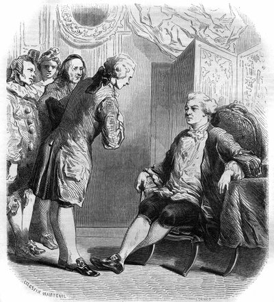 Markisen de Puysieulx modtager Philippe Nericault Destouches (1680-1754) og hans trup af rejsende komikere. Stik fra 1858-1859. af French School