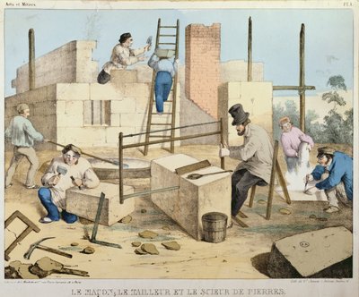 Mureren, stenskæreren og stensaveren, ca. 1860 af French School
