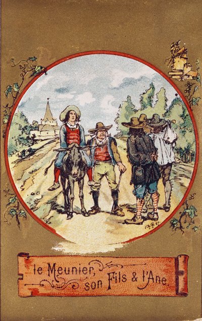 Mølleren, hans søn og æslet, ca. 1880 (farvet indgravering) af French School