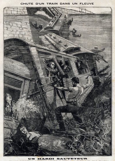 New York Buffalo-toget falder i en flod i USA: en mand forsøger at redde passagerer med risiko for at drukne. I "" Le Peute Parisien"" den 7/11/1897. Privat samling af French School