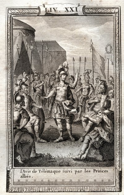 Meddelelsen om Telemaque efterfulgt af de allierede prinser - indgravering af 1798 efter Monnet i "Les Aventures de Telemaque, fils d