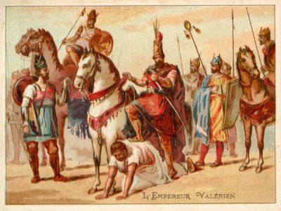 Den persiske kong Shapur I brugte den fangede romerske kejser Baldrian som en fodskammel, c260 (chromolitho) af French School
