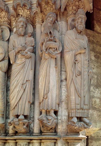Profeten Simeon, Sankt Johannes Døberen og Sankt Peter, karmfigurer fra højre side af den centrale dør til nordportalen af French School