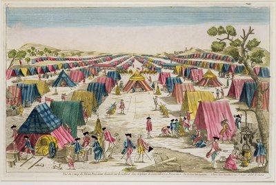 Den preussiske hærlejr, tegnet fra livet på markerne i Pommern, indgraveret af Vale, ca. 1750 (håndfarvet gravering) af French School