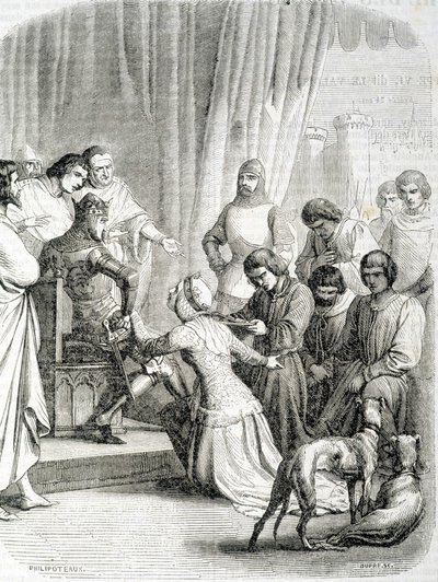 Dronningen af England (Philippa de Hainaut) beder tak til sin mand Edward III for indbyggerne i Calais (afsnit af de 6 borgerlige i Calais) af French School