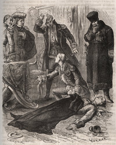 Den russiske kejser Peter III (1728-1762), der fik tildelt en bolig, blev myrdet efter ordre fra sin kone Catherine II, som netop havde væltet ham og overtaget magten, af Alexei Orlov (1737-1808) og hans vagter den 17. juli 1762. Stik fra 1871 i “Histoire  af French School