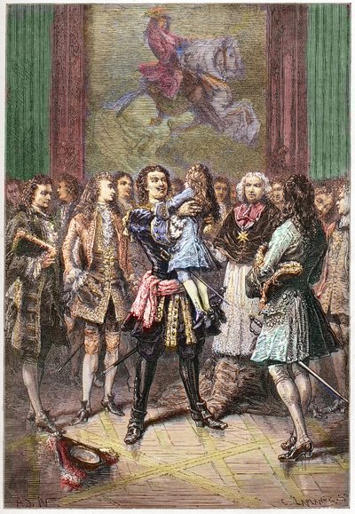 Den russiske zar Peter I den Store (1672-1725) holdt kong Ludvig XV i sine arme i Versailles i 1717 - PETER I (1672-1725) Czar af Rusland af French School